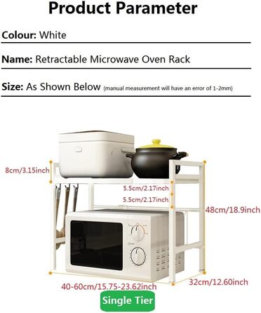 Adjustable Microwave Rice Cooker Stand Holder Kitchen Countertop Storage Organizer Shelf Freestanding Expandable Spice Rack (1 Tier, White)