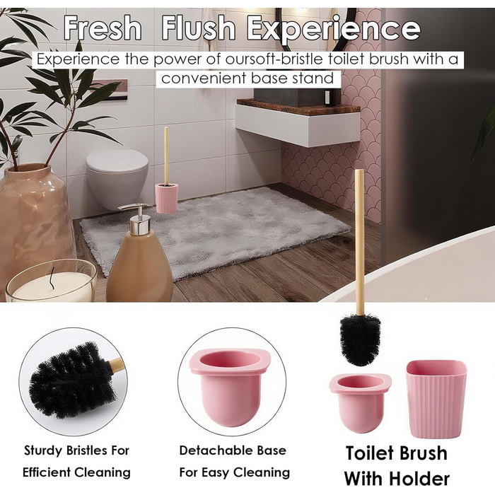 Набір аксесуарів для ванної кімнати, 10 предметів, рожевий та бамбуковий. Містить: смітник, піднос, дозатор мила, мильниця, тримач для зубних щіток, стакан для зубних щіток, тримач для серветок, WC-щітка та автоматичний диспенсер.