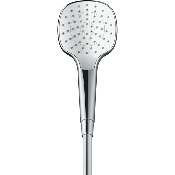 hansgrohe Croma Select E - water-saving showerhead 9 l/min (EcoSmart), hand shower with 3 spray patterns, square shower head (110 x 110 mm), showerhead with water-saving function and anti-limescale feature, White/Chrome (1 spray pattern)