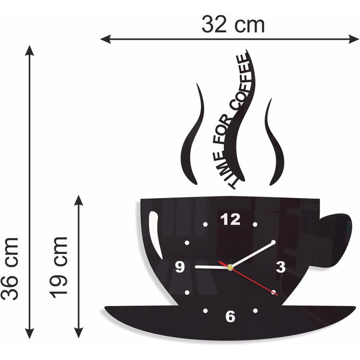 FLEXISTYLE Coffee Time Mug Clock, Modern Kitchen Wall Clock, Black, 3D Roman, Wall Clock Decor, 32 x 19 cm