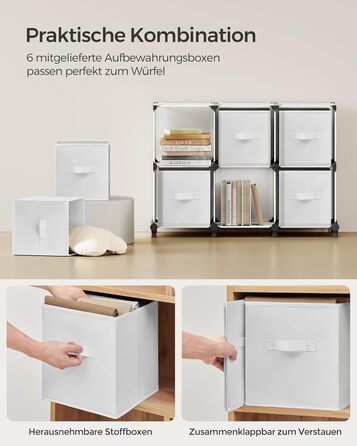 SONGMICS Cube Shelf with 6 Boxes, Shelving System, Storage Shelf with 6 Cubes, DIY, Expandable, Space-Saving, Bedroom, White LPC062W06