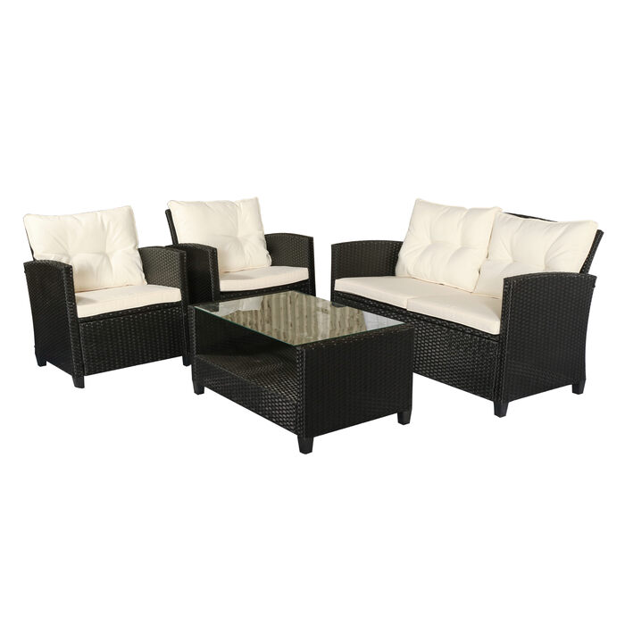 Outsunny 4-Piece Patio Furniture Set with 3 Sofas, Side Table, Cushions, and Aluminum Frame with Rattan-Like Wicker Finish in Black