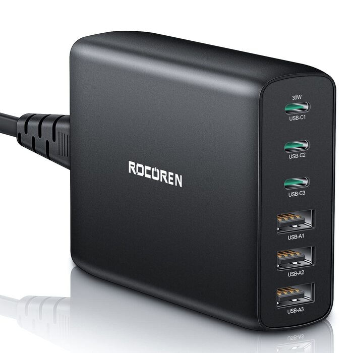 Зарядний пристрій Rocoren USB-C 100W PD3.0 QC4.0 PPS, 6 портів для MacBook Air, iPhone 15 Pro, iPad Pro, Galaxy S24/S23, Huawei - Швидка зарядка