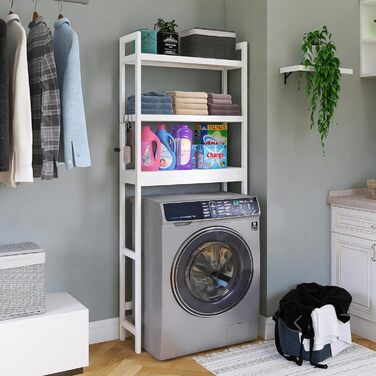 SMIBUY Toilet Shelf, Bamboo Toilet Rack, Adjustable Washing Machine Shelf, Bathroom Shelf with 3 Storage Shelves, Space-Saving, Easy to Assemble, White