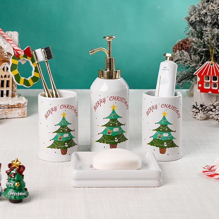 4-Piece Ceramic Bathroom Set, Artistic Line Face Bathroom Accessories Set with Soap Dispenser, Toothbrush Holder, Cup, Soap Dish, Abstract Bathroom Set for Decor, Cream (Christmas Tree)