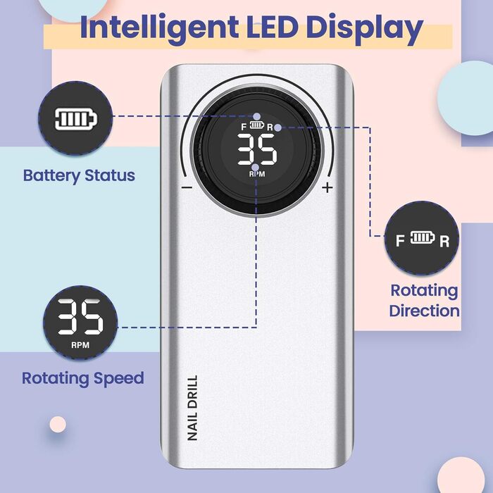 Електричний фрезер для манікюру та педикюру Delanie з акумулятором, 35000 об/хв, для гелю, акрилу, видалення кутикули, LED-дисплей, USB-зарядка (сріблястий)