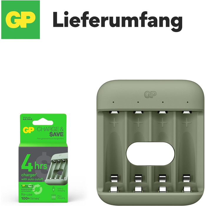 Зарядний пристрій GP Charge&Save для батарейок AA AAA з USB-C, 4 слоти, швидка зарядка, LED-індикатор, компактний дизайн