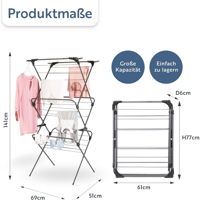Сушарка для білизни Minky Premium Sure Grip, 3-рівнева розкладна сушарка з протиковзаючими стержнями для дому та вулиці, стандартний розмір, з 4 кутовими гачками