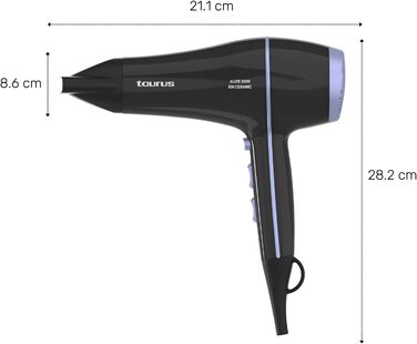 Фен Taurus Alize 2200 з іонізацією та керамічним покриттям | 6 режимів, холодний потік, концентратор та дифузор | Чорний