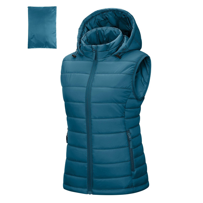 Стьобана жилетка Outdoor Ventures для жінок з капюшоном, гібридна спортивна жилетка для туризму та велоспорту, тепла жилетка з коміром-стійкою, колір Керамічно-блакитний, розмір S