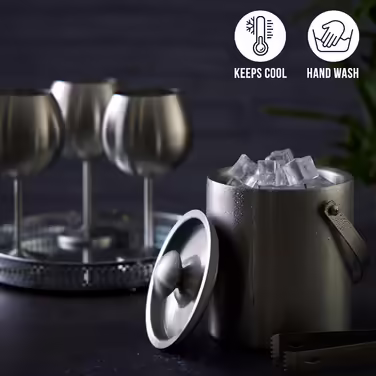 Двошаровий відерце для льоду Oak & Steel з нержавіючої сталі 2 л з кришкою та щипцями, набір із 3 штук — стильний та міцний льодовий контейнер для кубиків льоду