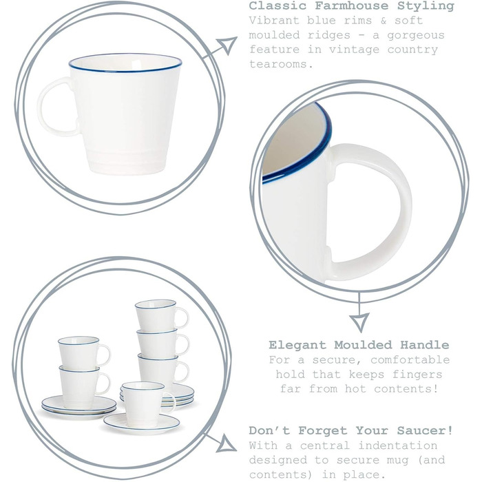 Nicola Spring White Farmhouse Teacups - 300ml - Pack of 6