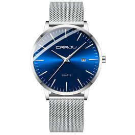 Годинник чоловічий CRRJU, ультратонкий, водостійкий, з чорним міланським браслетом, кварцовий, бізнес-стиль (сріблястий, блакитний)