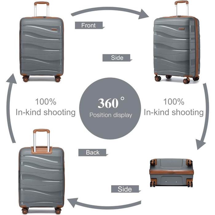 KONO Чемодан середнього розміру 65 см з поліпропілену, з TSA замком, 65x46x26.5 см (Крем-білий) (Сіро-коричневий), ручна поклажа
