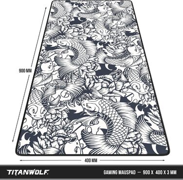 Ігровий килимок для миші TITANWOLF XXL Speed Gaming Mousepad, 900x400мм, чорний, дизайн Koi — великий килимок на весь стіл для підвищення точності та швидкості