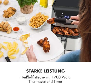 Klarstein Aero Vital deluxe - Hot Air Fryer, Deep Fryer, 1700 Watts, 5.4 Liter Volume, LCD Touch Display, 8 Pre-installed Programs, Stainless Steel, Thermostat, Timer, Energy-Saving, Silver Stainless Steel Hot Air Fryer