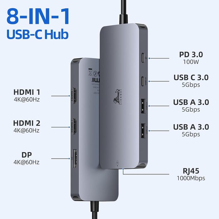 Док-станція USB-C для ноутбука з підтримкою 2 моніторів, 8 в 1: HDMI, DisplayPort, Ethernet, PD 100W, USB 3.0, сумісна з Dell, HP