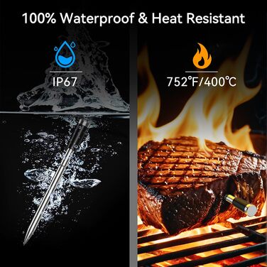 BFOUR Wireless Meat Thermometer Grill Thermometer Bluetooth with App, IP67 Waterproof Core Temperature Probe, Large Display Cooking Thermometer, App Control, for Grill, Oven, Rotisserie