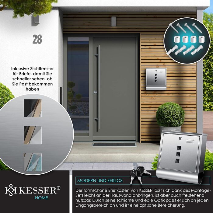 Поштова скринька KESSER® з газетницею та табличкою для імені, нержавіюча сталь, полірована, з оглядовим вікном, замок на 3 ключі, порошкове покриття, для настінного монтажу, велика, срібляста + матеріал для монтажу