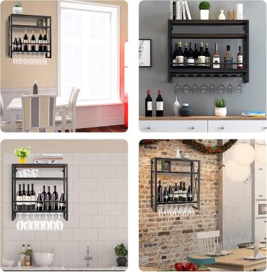 Wall-Mounted Wine Rack with Glass Holder, Wood and Metal Bottle Shelf with 3 Levels for 12 Bottles, Wine Stand with Cup Shelf, Suitable for Kitchen, Maximum Load Capacity 50 kg, 60*20*62 cm