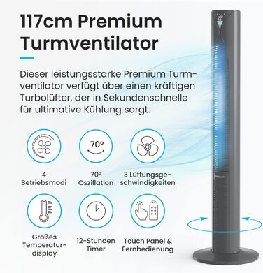 Турбовентилятор Pro Breeze з пультом керування, 70° осциляція, 3 режими, таймер 14 годин, 45W, 117см, 4 режими, режим сну - чорний