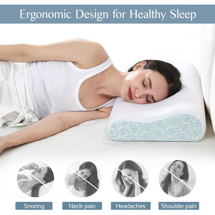 Ергономічна подушка з ефектом пам'яті (Memory Foam) для шиї та голови, для сну на боці, спині та животі, дихаюча наволочка, синя, 61 x 35 x (9/12) см