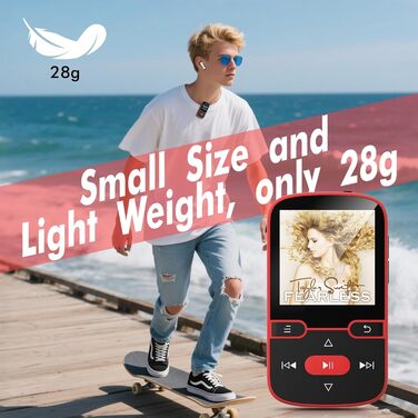 MP3 плеєр 64GB Bluetooth 5.3 з кліпсою, Hi-Fi, для спорту, з FM-радіо, диктофоном, крокоміром, підтримка картки до 128GB, червоний