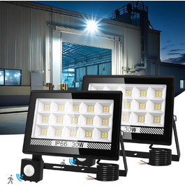 NATPOW Spotlight with Motion Sensor, Outdoor, 100W LED Floodlight with IP66 Waterproof, 6000K Super Bright Spotlight for Garden, Garage, Sports Field, Backyard (2 Pack) (30w-2p)