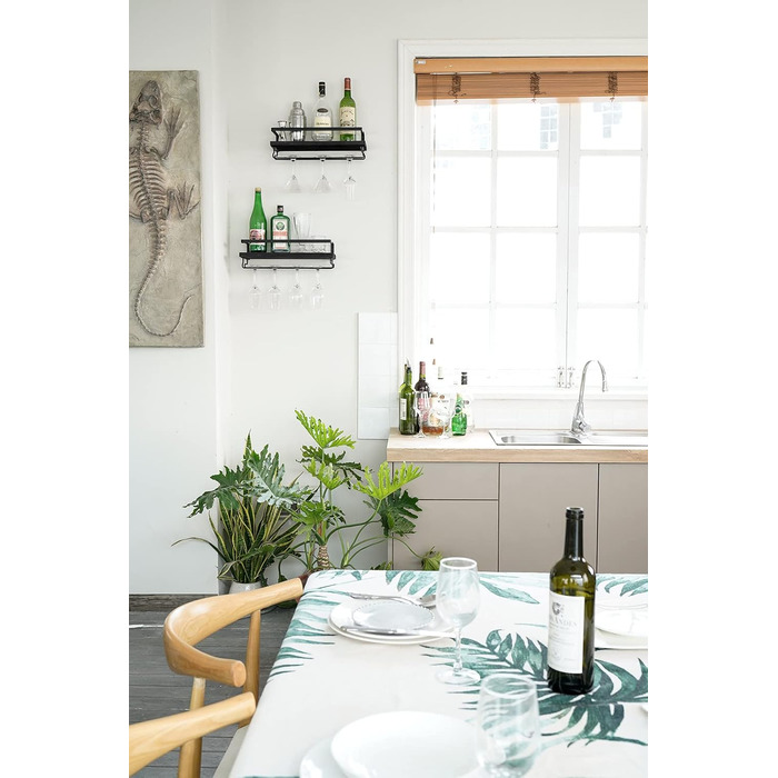 Wall-Mounted Wine Racks 2-Piece Set Wood Rustic Wine Bottle Glass Floating Shelves with Stemware Hangers Modern Wine Display Storage Holder for Kitchen Dining Room Bar, black