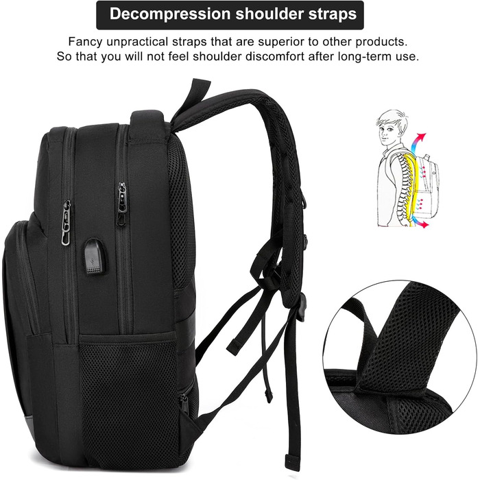 Рюкзак YIORMIOR для підлітків, чоловіків та жінок, 35L, USB-порт, для ноутбука 15.6-17.3 дюйма (Чорний)