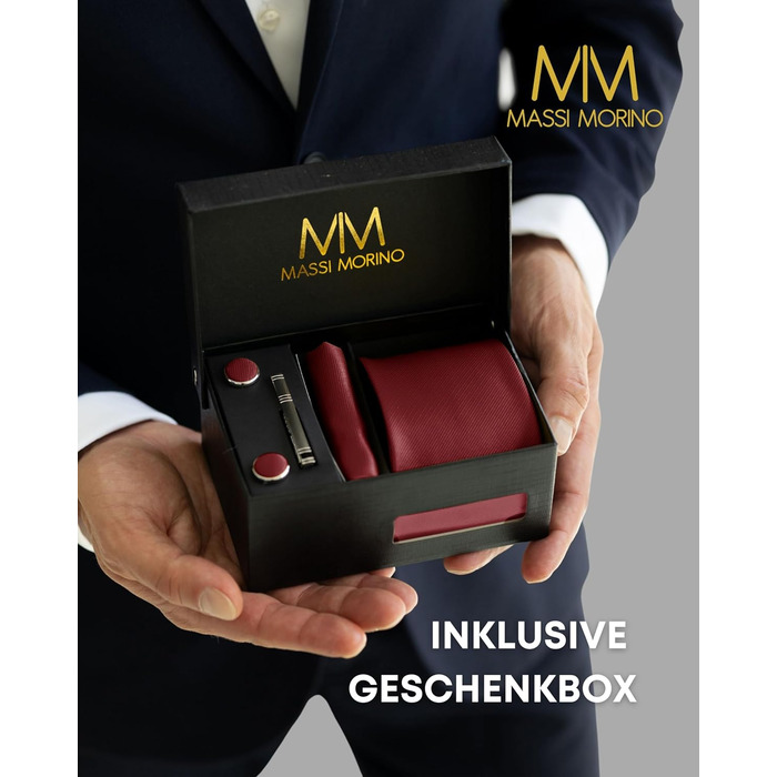 Массі Моріно: Комплект краватки з нагрудною хустиною для чоловіків. Включає краваттяну голку, запонки та подарункову коробку. Ідеальний вибір на весілля. Винотний колір, універсальний розмір.