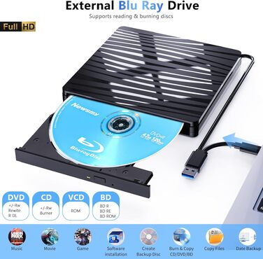Зовнішній DVD-привід USB 3.0 та Type-C, портативний CD/DVD+/-RW записувач (Blu-ray) для ноутбука, ПК, MacBook, Windows, macOS, Linux