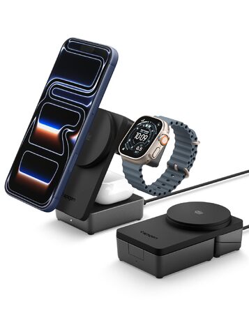 Зарядна станція Spigen Essential Qi2.2 25W 3-в-1 MagSafe для iPhone 17/16 Pro Max, Pixel 10 Pro, AirPods, Samsung Galaxy S26 Ultra - Чорна + USB-C кабель 2м
