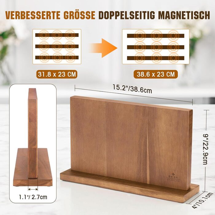 ENOKING Premium Plus Knife Block Magnetic Without Knives 38.6 x 23 cm, Double-Sided Magnetic Knife Holder Made of Acacia Wood, Magnetic Knife Block for Cutlery Display and Storage