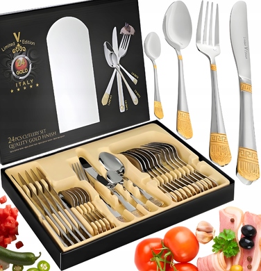 Золотий набір столових приборів у грецькому стилі, 24 предмети, обідній сервіз на 6 осіб у подарунковій коробці