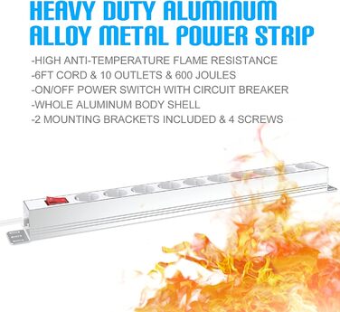 Мережевий фільтр 10 розеток з захистом від перенапруги, з вимикачем та поворотними кріпленнями, металевий корпус (білий)