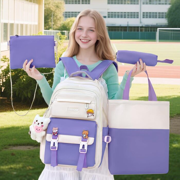 Шкільний рюкзак Tanou для дівчаток 4-в-1 (рюкзак, пенал, сумка для плеча, сумка для підручників), 3-7 клас, стильний дизайн, фіолетовий
