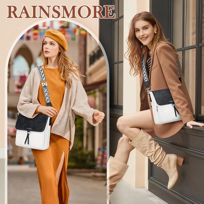 Сумка жіноча RAINSMORE середнього розміру через плече, шкірзам PU, чорно-біла з широким ременем