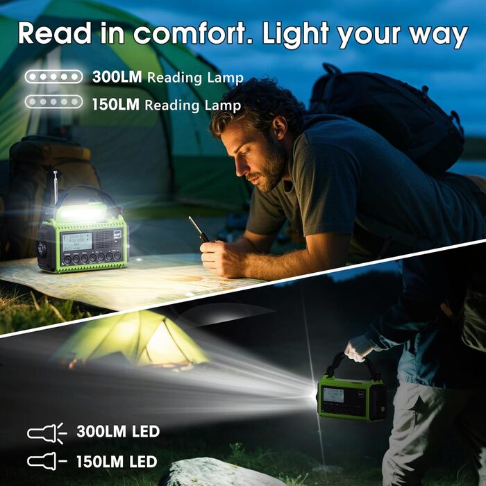 Радіо DAB/DAB+/UKW з вбудованим акумулятором 5000mAh, сонячне радіо, радіо для надзвичайних ситуацій з USB-зарядкою, радіо для кемпінгу з LED-ліхтариком, SOS-сигналом, портативне радіо з ручним приводом для активного відпочинку (зелене)