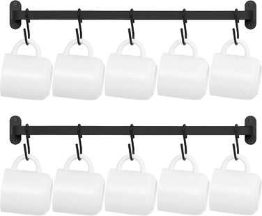 Dahey Mug Holders, Wall Mounts, Metal Coffee Cup Hangers with 10 Cup Hooks, Cup Display Shelf, Rustic Utensil Cup, Storage Organizer for Kitchen, Dining Room, 2-Piece Set, Black