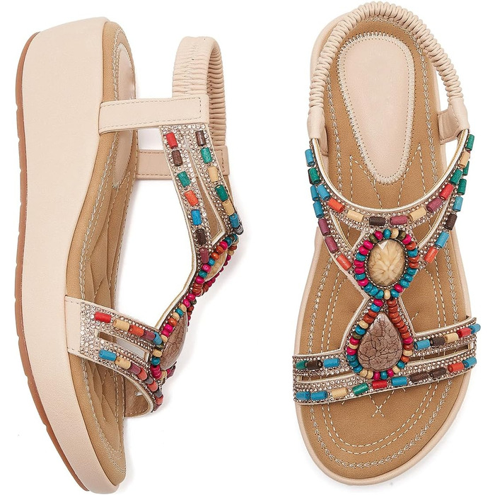 Босоніжки жіночі літні на танкетці Keilsandalen Aprikose 35 EU. Елегантні босоніжки з камінням та перлами для пляжу, висота танкетки 5 см