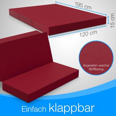 Складаний гостьовий матрац ELONEO 120x195x15 см, трисекційний, товстий пінополіуретан, червоний, знімний чохол, ортопедичний, для дорослих