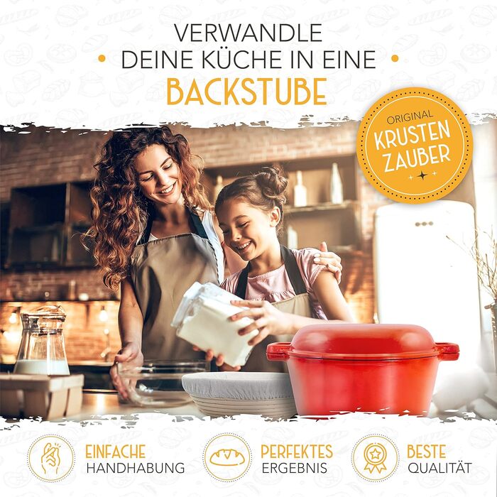 KRUSTENZAUBER Cast Iron Pot for Bread Baking [incl. Proofing Basket] - High-Quality Enamel Pot 26cm - Ideal cast iron pot for baking bread, cast iron pot for bread baking, bread baking accessories…