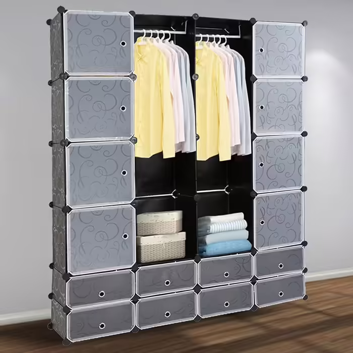 Regal System Shoe Rack Set of 20 Cubes, Plastic Closet with Doors, Plug-in Shelf, DIY Cube Shelf, Storage, Modular Combination Cabinet for Clothes, Shoes, and Books, Black (Black with 16 Cubes)
