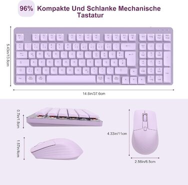 Механічна клавіатура та миша Leadsail FA98 бездротове комплект QWERTZ, 98 клавіш, клавіші Red, 1600 DPI, для Windows/MacOS/PC/Laptop (Лавандовий)