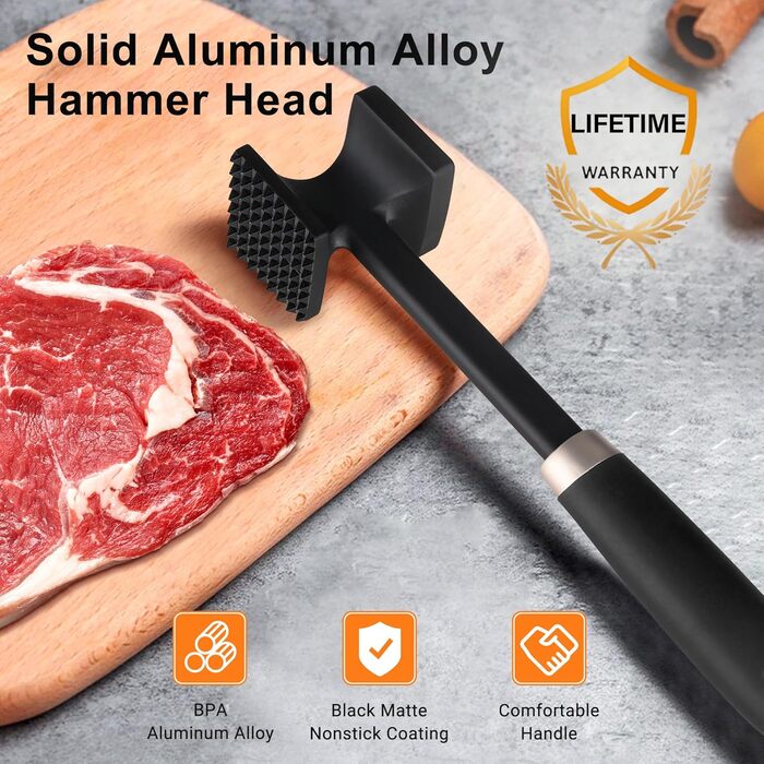 HOOMIL Fleischklopfer: подвійний молоток для відбивання м'яса з антипригарним покриттям, для шніцелів, стейків, сріблястий (квадратний, матовий чорний)