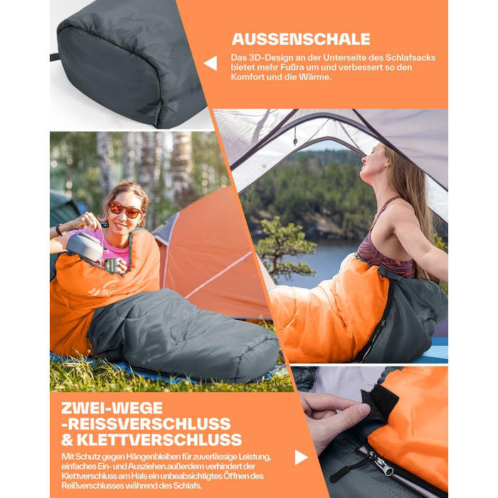 Сплячий мішок Sportneer - компактний та ультралегкий (950г/1500г) - кокон для кемпінгу, подорожей та відпочинку на природі. Підходить для чоловіків, жінок та дорослих. Односезонний/трисезонний спальний мішок (Помаранчевий, літо)