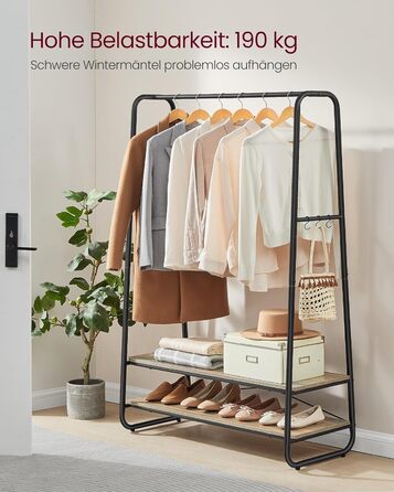 VASAGLE Clothes Rack, Coat Rack, Wardrobe, 2 Shelves, 6 S-Shaped Hooks, Steel Frame, for Bedroom, Hallway, Entrance Area, Cloud White-Matt White RGR112W02 (Turquoise Brown-Matt Black)