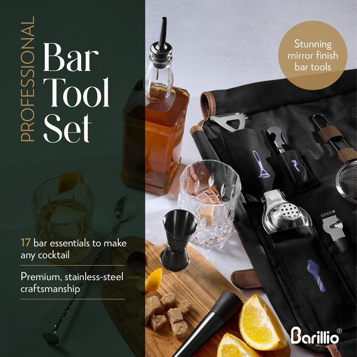 Набір бармена Barillio з золотим шейкером та сумкою для подорожей - 17 предметів, вощена тканина, мобільний бар з ременем (Чорний)