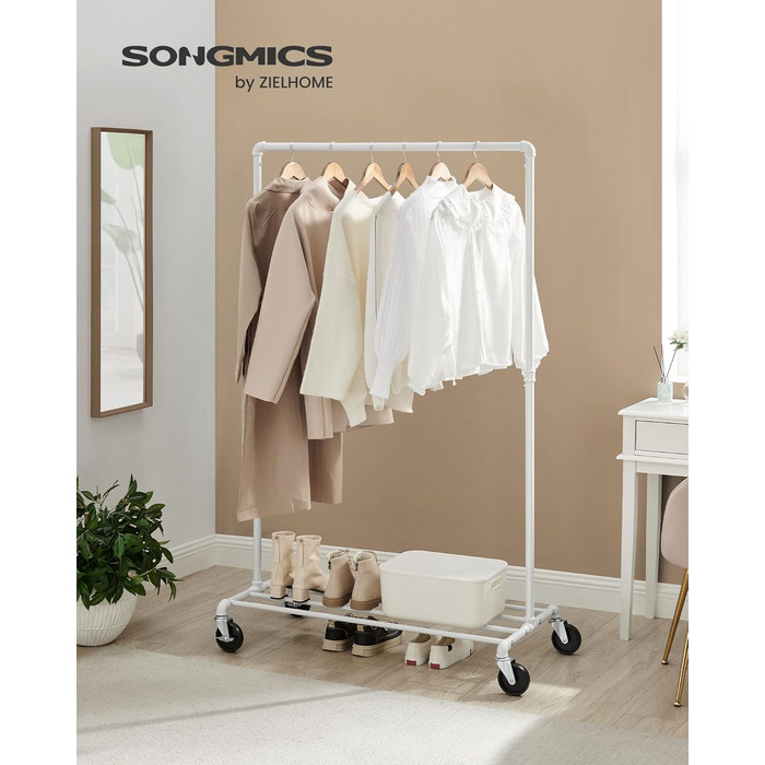 SONGMICS Clothes Rack, Garment Rod, with Wheels, Load Capacity up to 90 kg, Coat Rack with 1 Garment Rod and Shelf, Industrial Design, for Bedroom, Laundry Room, HSR61BK (White)